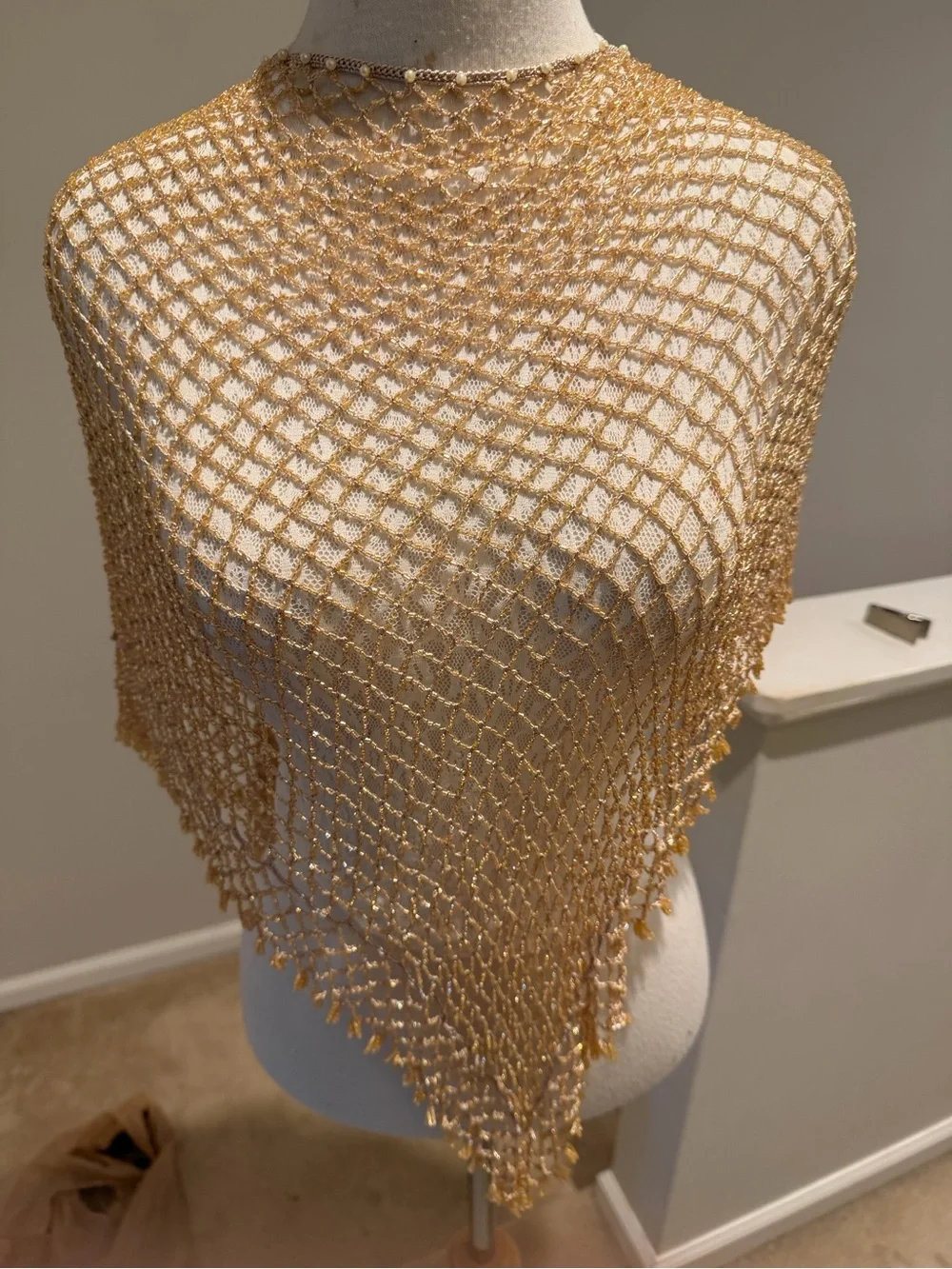 Tan  Mesh Beaded Crochet Fringe Poncho/Shawl/Scarf. Cover Up. Tassels.